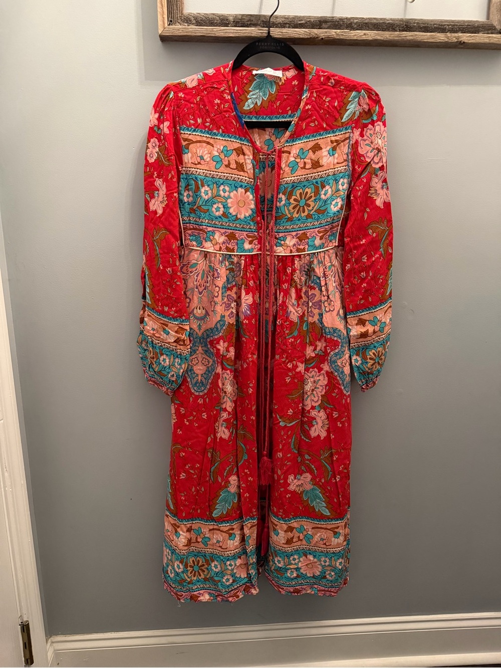 Red Floral Long Sleeve Boho Midi Dress with Turquoise Accents